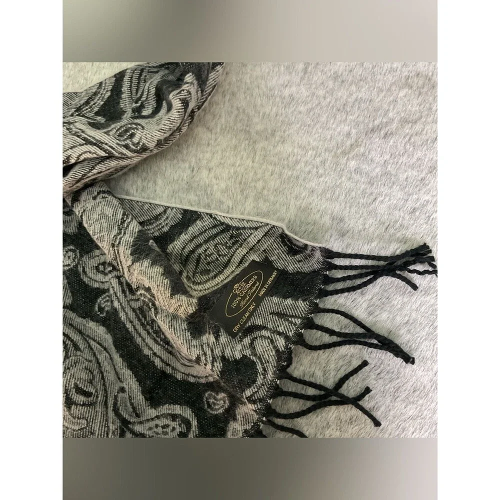 Black & Gray 100% Cashmere Paisley Fringe Scarf